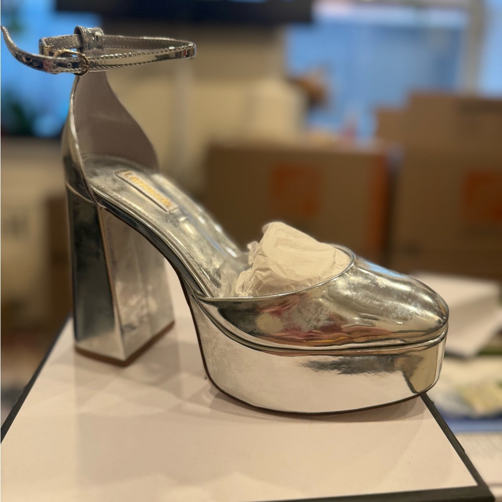 Larroude Metallic Silver Platform Heels